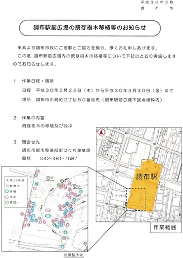 調布市議・大須賀ひろすけブログ調布駅前広場の既存樹木の伐採・移植作業着手